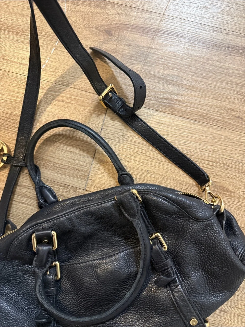 Michael Kors Black Pebbled Leather Shoulder Satchel with Gold Hardware